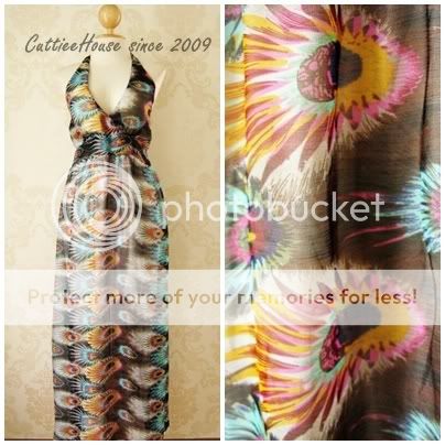 FascinateV Collar Peacock Print Maxi Dress Brown Gray  